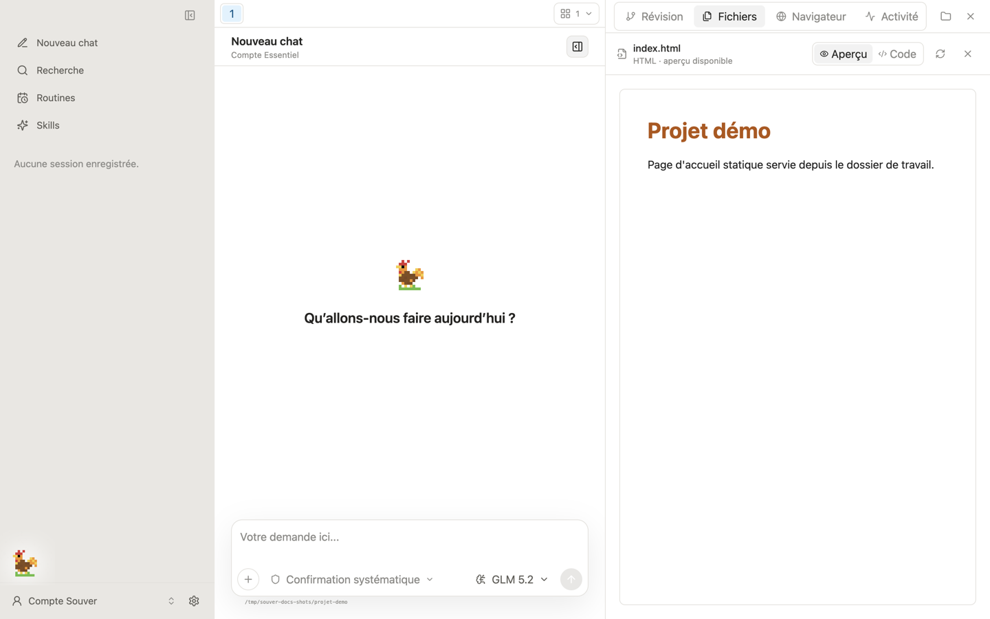 Le panneau Fichiers avec index.html ouvert dans un aperçu HTML isolé, à côté de l'arborescence du projet.