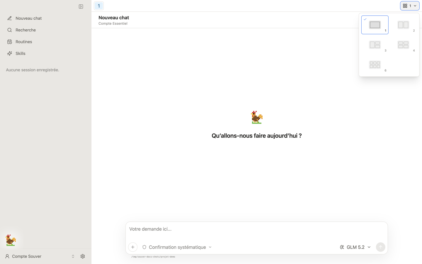 Le sélecteur de disposition ouvert au-dessus de la conversation, proposant 1, 2, 3, 4 ou 6 panneaux.