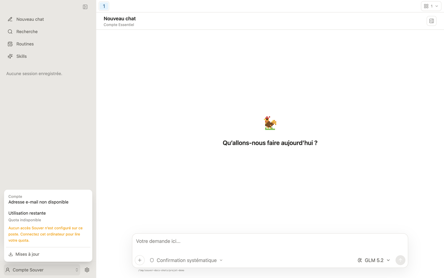 Le menu Compte ouvert en bas de la barre latérale : Compte, Utilisation restante, message indiquant qu'aucun accès Souver n'est configuré, et entrée Mises à jour.