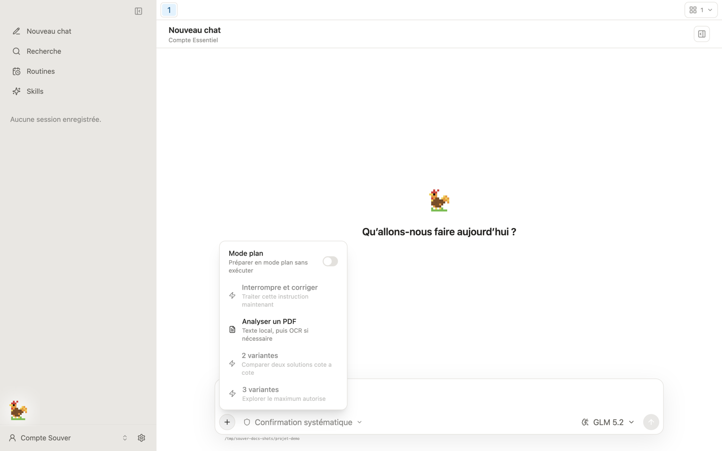 Le menu « + » du composeur ouvert, avec les entrées Mode plan, Interrompre et corriger, Analyser un PDF, 2 variantes et 3 variantes.