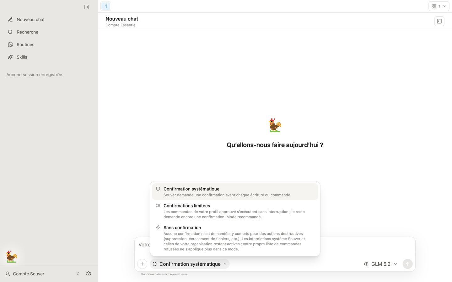 Le sélecteur de mode d'exécution ouvert dans le composeur, avec les trois choix Confirmation systématique, Confirmations limitées et Sans confirmation et leur description.