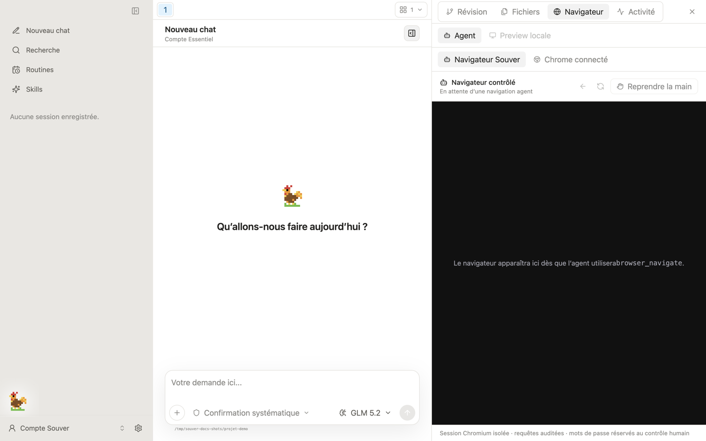 L'onglet Navigateur du panneau projet : choix entre Navigateur Souver et Chrome connecté, zone « Navigateur contrôlé » en attente d'une navigation de l'agent, bouton Reprendre la main.