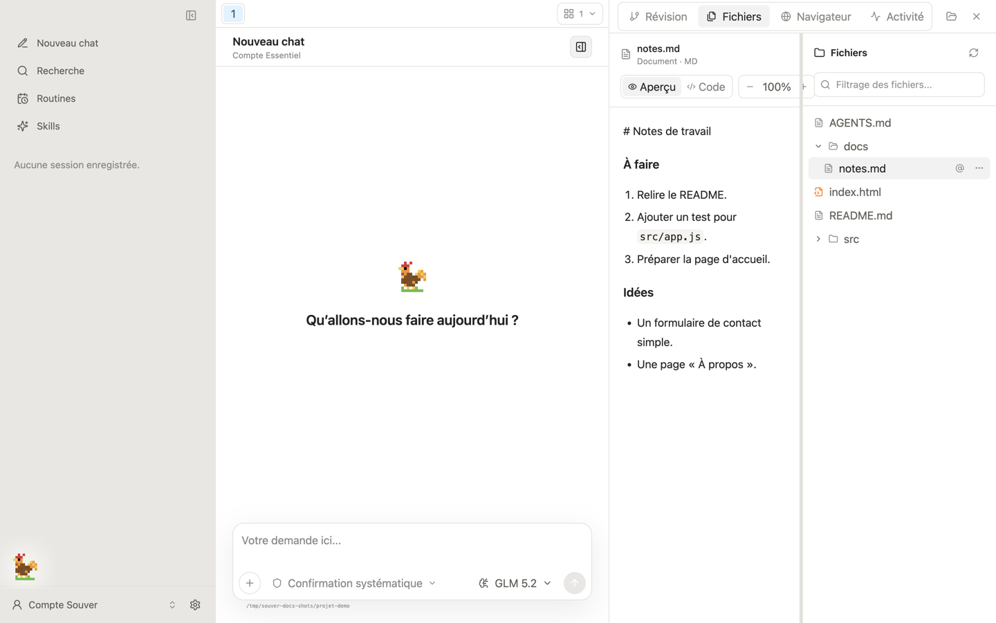 Le panneau Fichiers ouvert : à droite l'arborescence du projet démo (AGENTS.md, docs, index.html, README.md, src), à gauche l'aperçu Markdown de notes.md.
