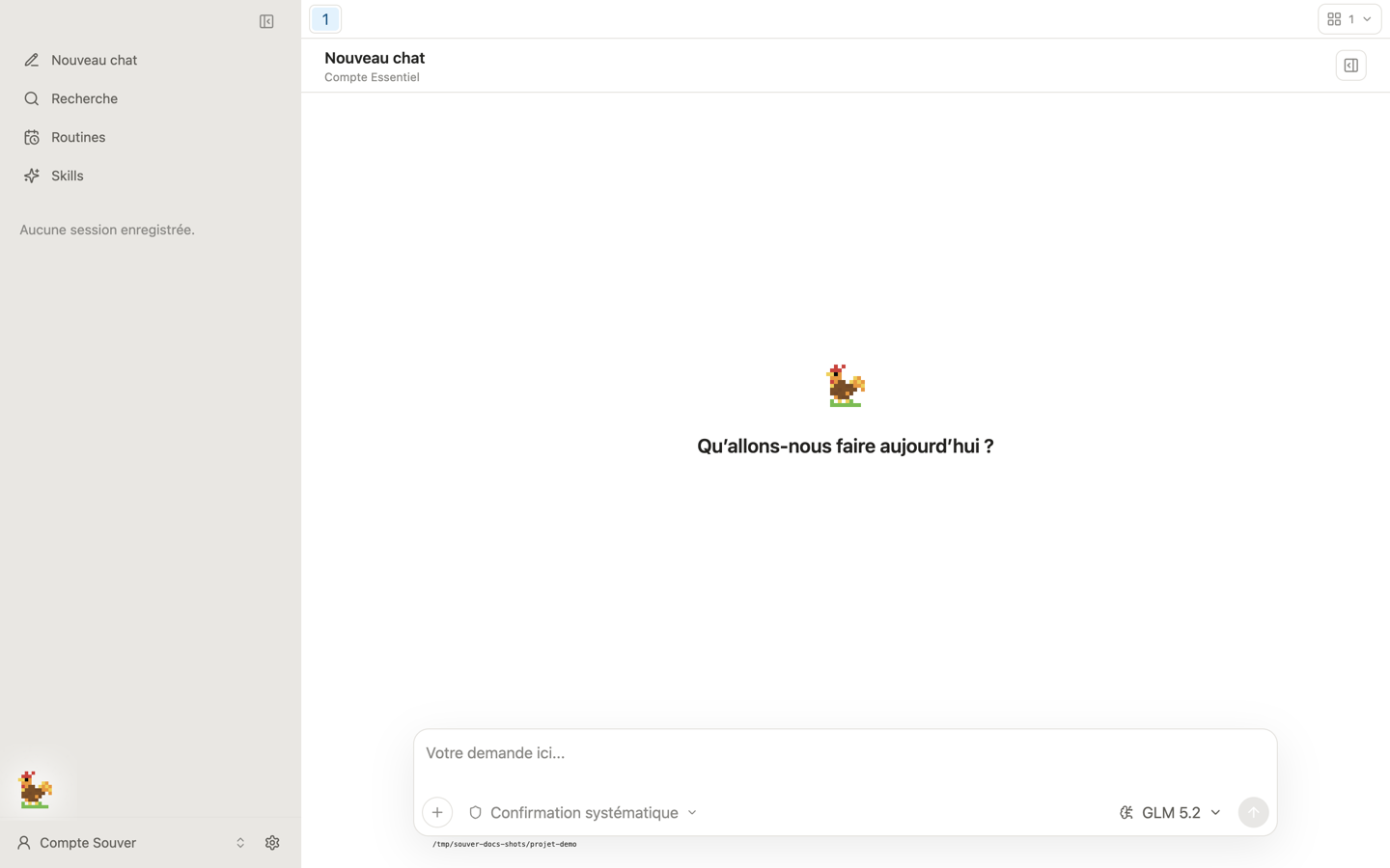 Souver Desktop ouvert sur une nouvelle conversation vide, avec la barre latérale à gauche et la zone de demande en bas.