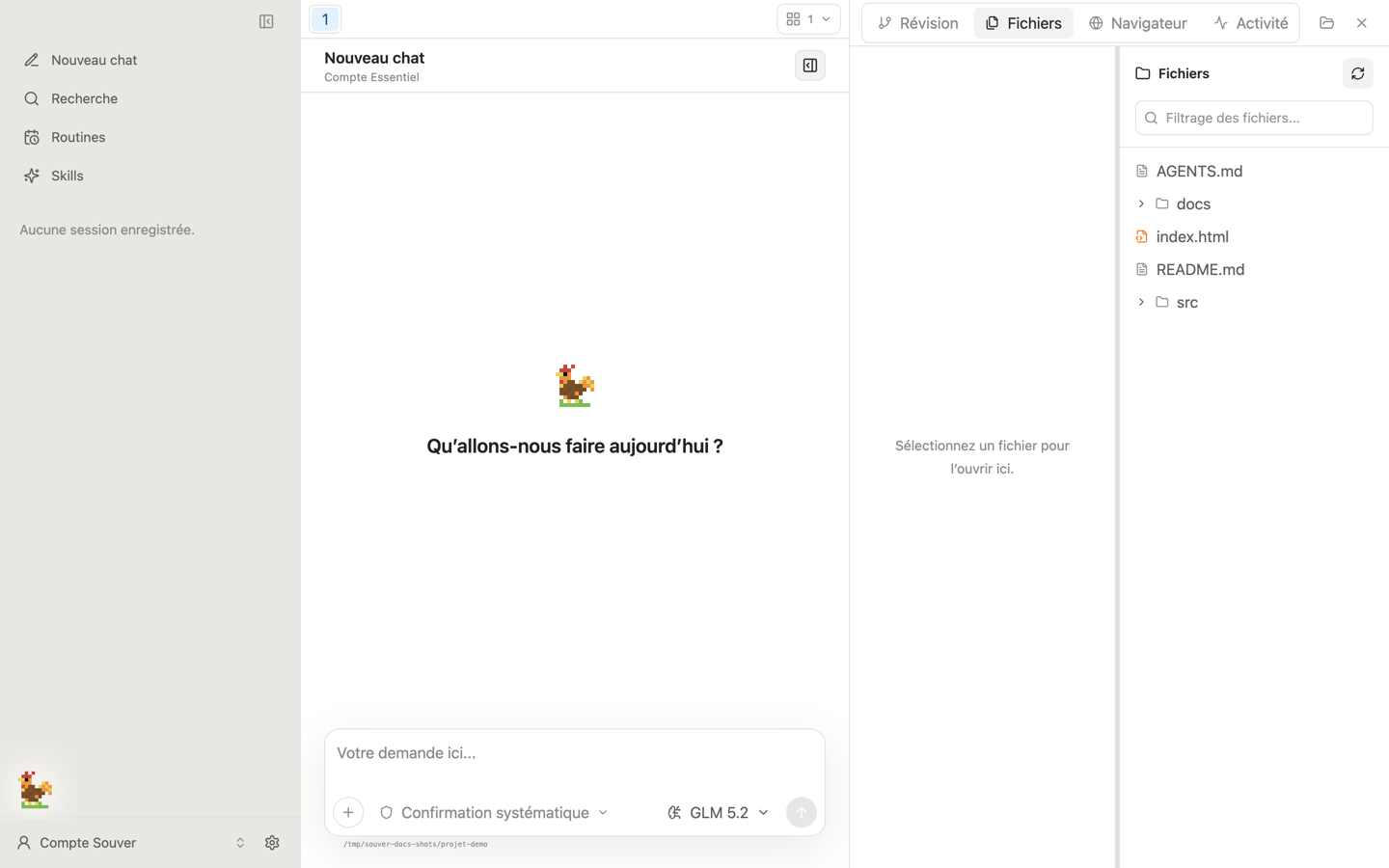 Fenêtre principale de Souver Desktop 0.21 avec les quatre zones : barre latérale à gauche, conversation vide au centre, composeur en bas et panneau projet ouvert à droite sur l'onglet Fichiers.