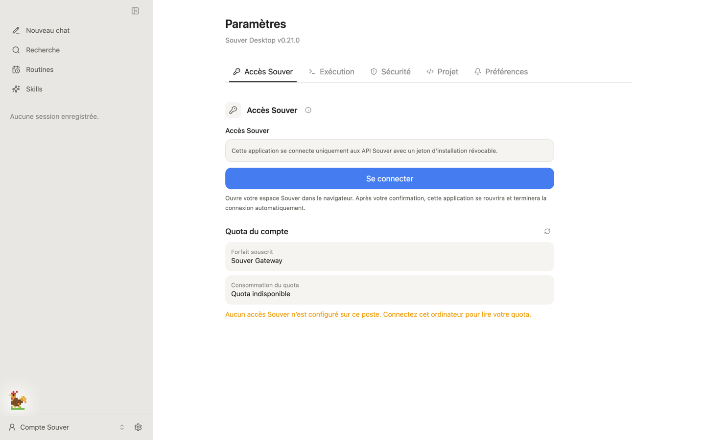 L'onglet Accès Souver des Paramètres : bouton Se connecter, explication de l'ouverture du navigateur, puis Quota du compte avec Forfait souscrit et Consommation du quota indisponible.