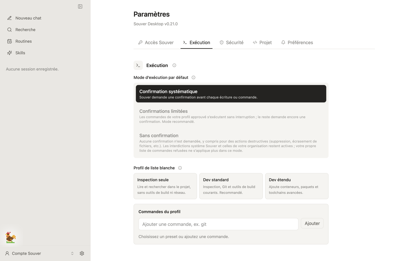 L'onglet Exécution des Paramètres : Mode d'exécution par défaut avec les trois modes, puis Profil de liste blanche avec Inspection seule, Dev standard et Dev étendu, et la liste Commandes du profil.