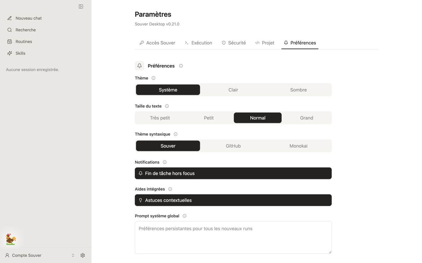 L'onglet Préférences des Paramètres : Thème (Système, Clair, Sombre), Taille du texte, Thème syntaxique, Notifications, Aides intégrées et Prompt système global.