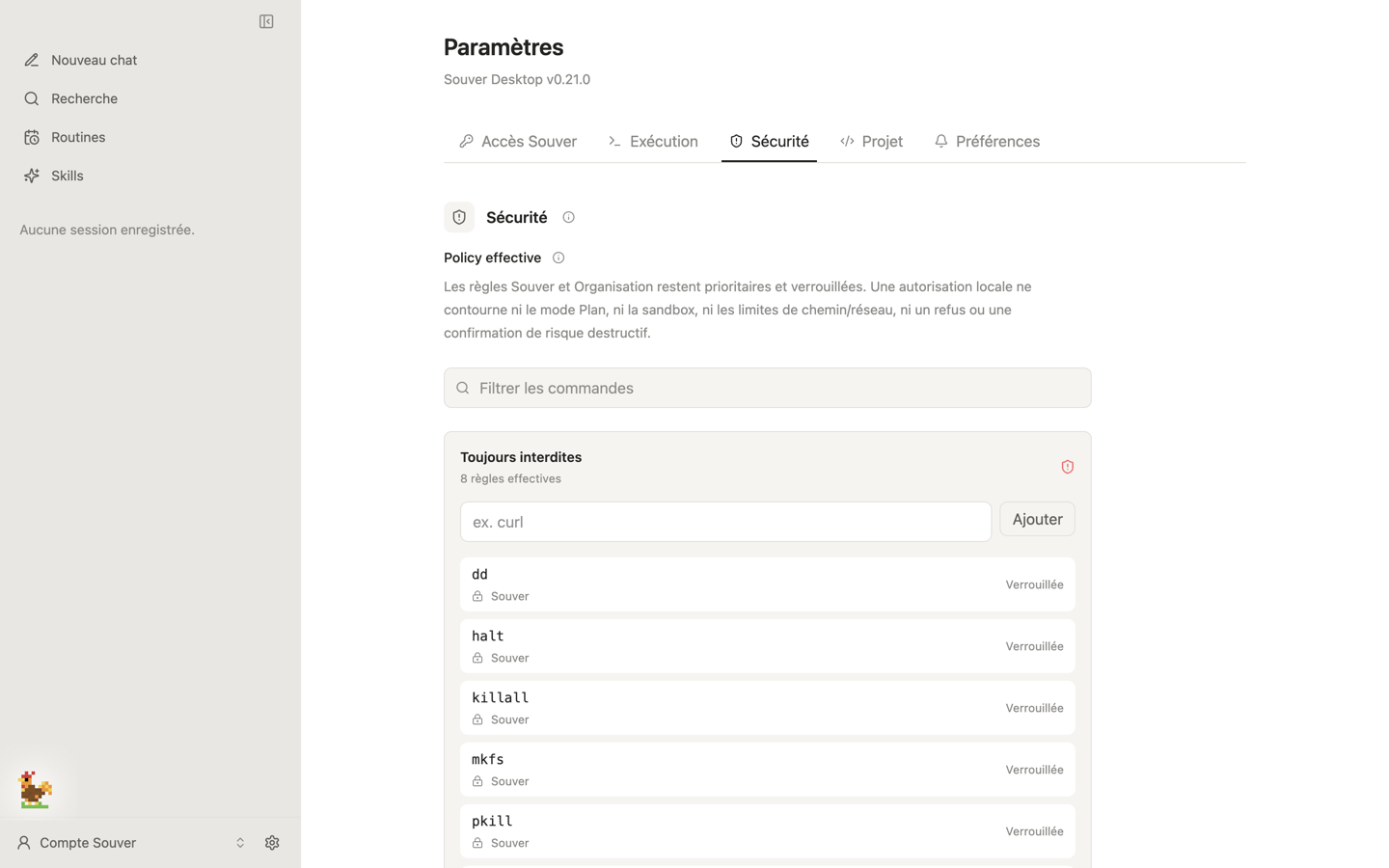 L'onglet Sécurité des Paramètres : Policy effective, liste Toujours interdites avec huit règles Souver verrouillées, puis Outils autorisés avec les portées et les profils Complet, Codage, Lecture seule, Minimal, Personnalisé.
