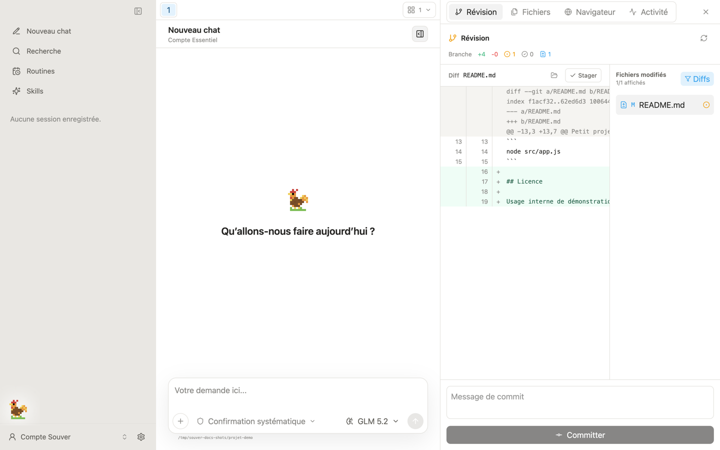 L'onglet Révision du panneau projet : différences du fichier README.md avec quatre lignes ajoutées en vert, bouton Stager, liste Fichiers modifiés, champ Message de commit et bouton Committer.