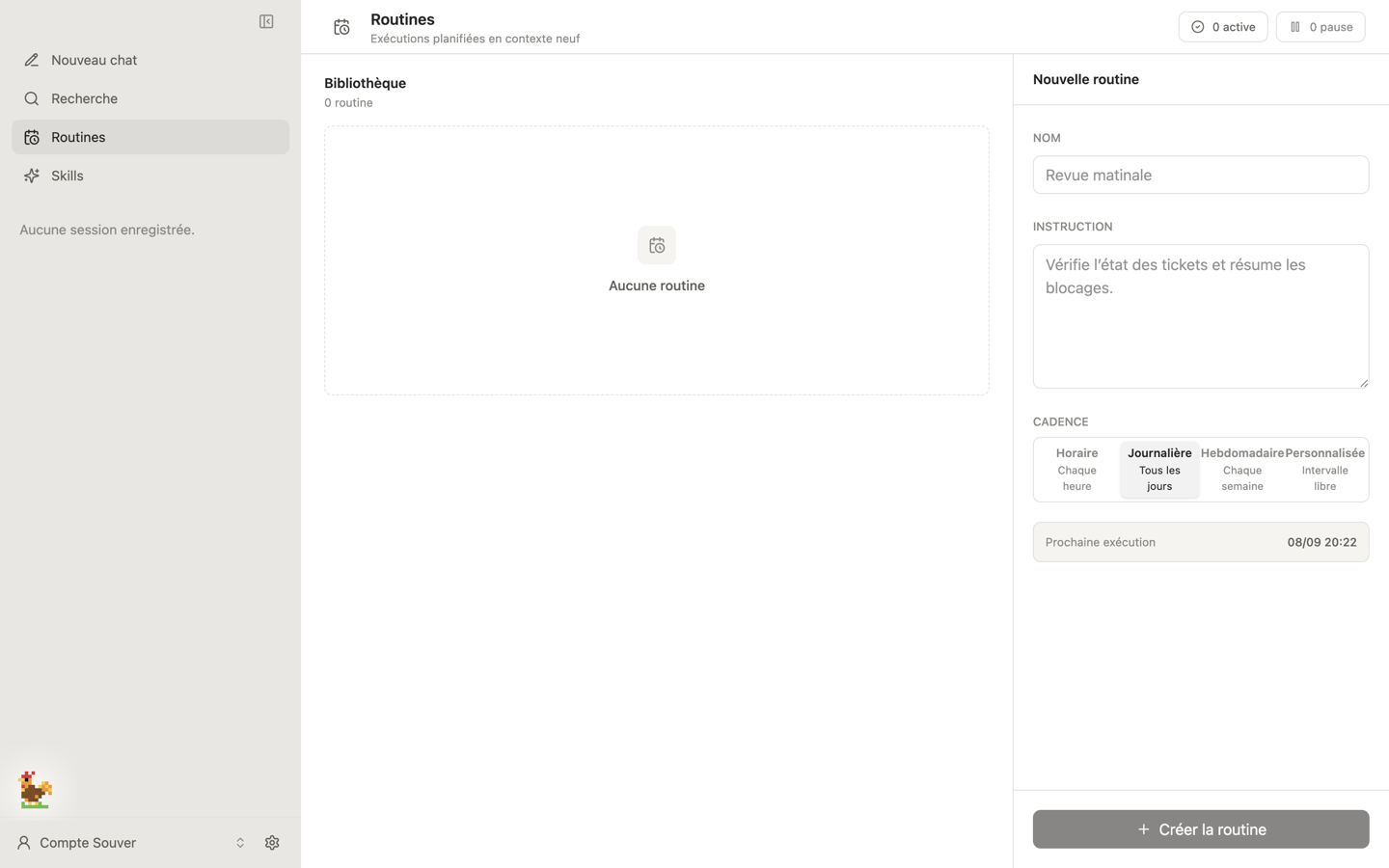 La page Routines : Bibliothèque vide, formulaire Nouvelle routine avec les champs Nom, Instruction, Cadence (Horaire, Journalière, Hebdomadaire, Personnalisée) et la prochaine exécution.