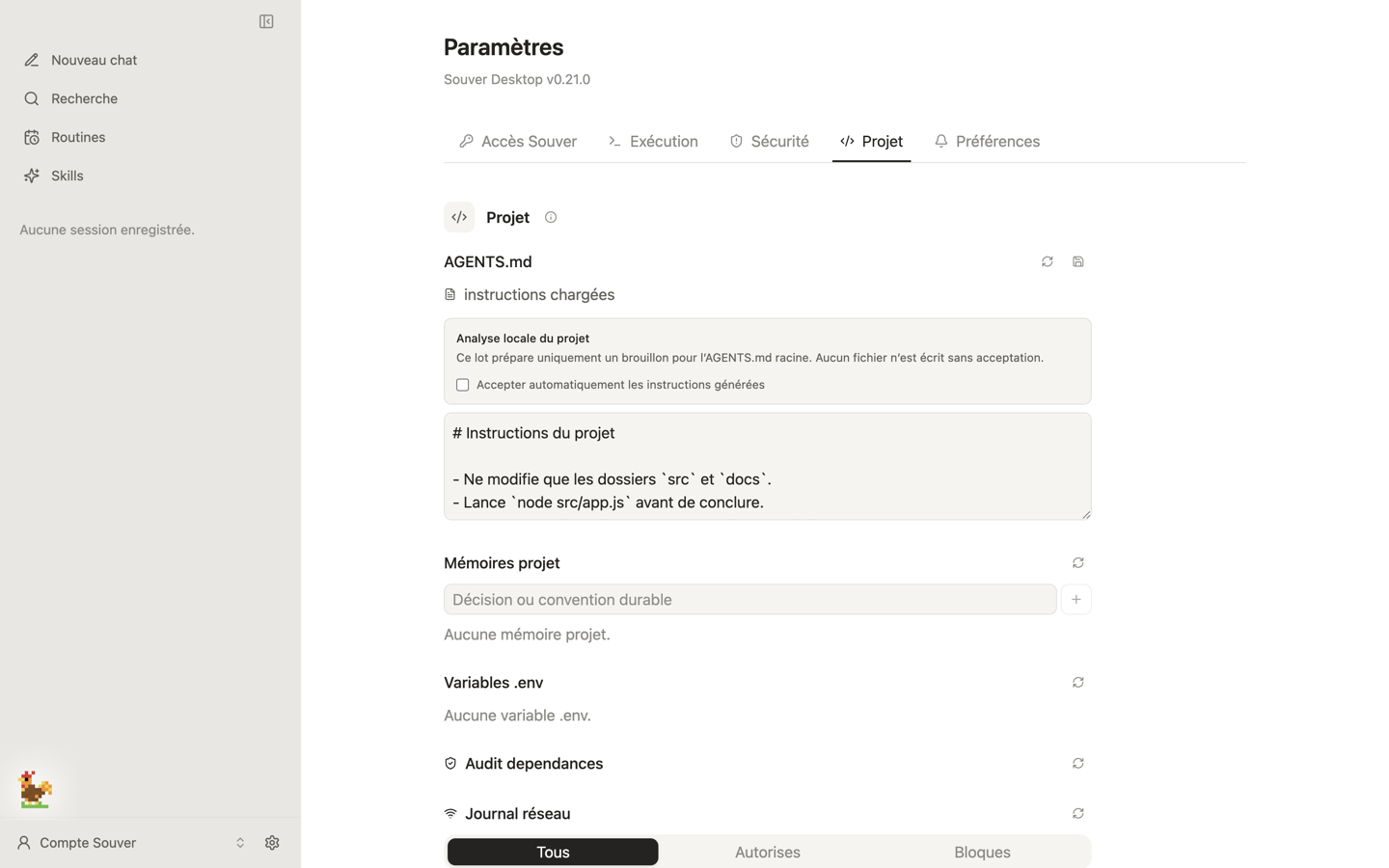L'onglet Projet des Paramètres : section AGENTS.md avec « instructions chargées », l'encart Analyse locale du projet, l'éditeur affichant les règles du projet démo, puis Mémoires projet et Variables .env.