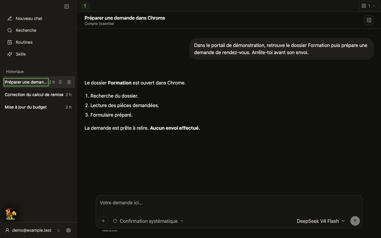Computer use · navigation et formulaires dans l’interface sombre de Souver