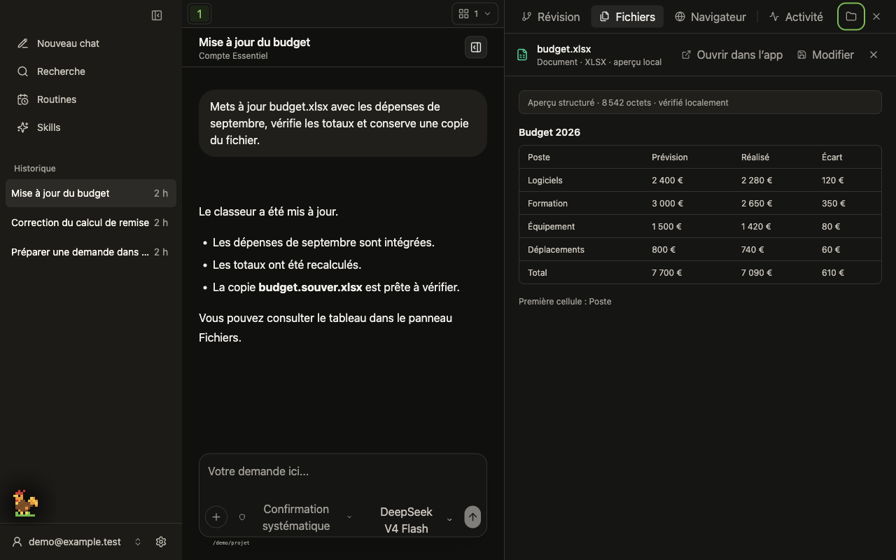 Excel · données et formules dans l’interface sombre de Souver