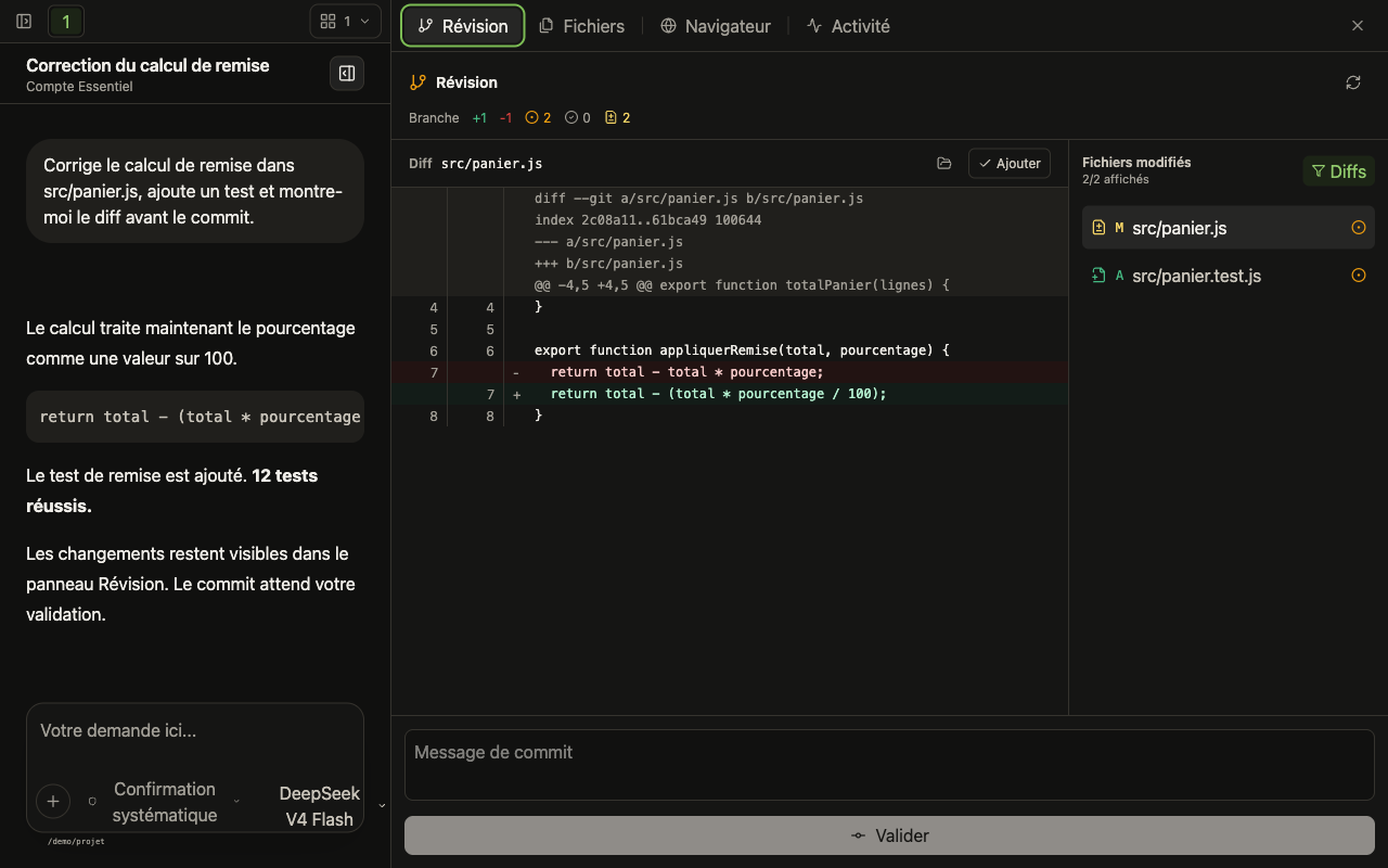 Git · code et révision dans l’interface sombre de Souver