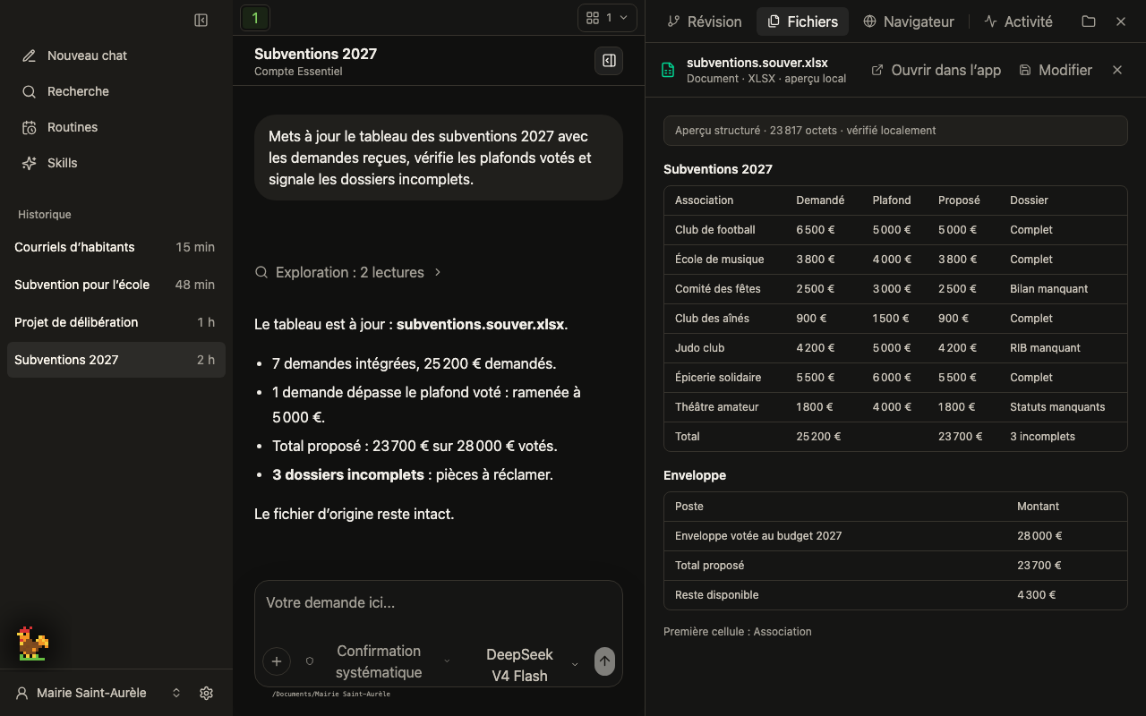 Excel · budget et subventions dans l’interface sombre de Souver