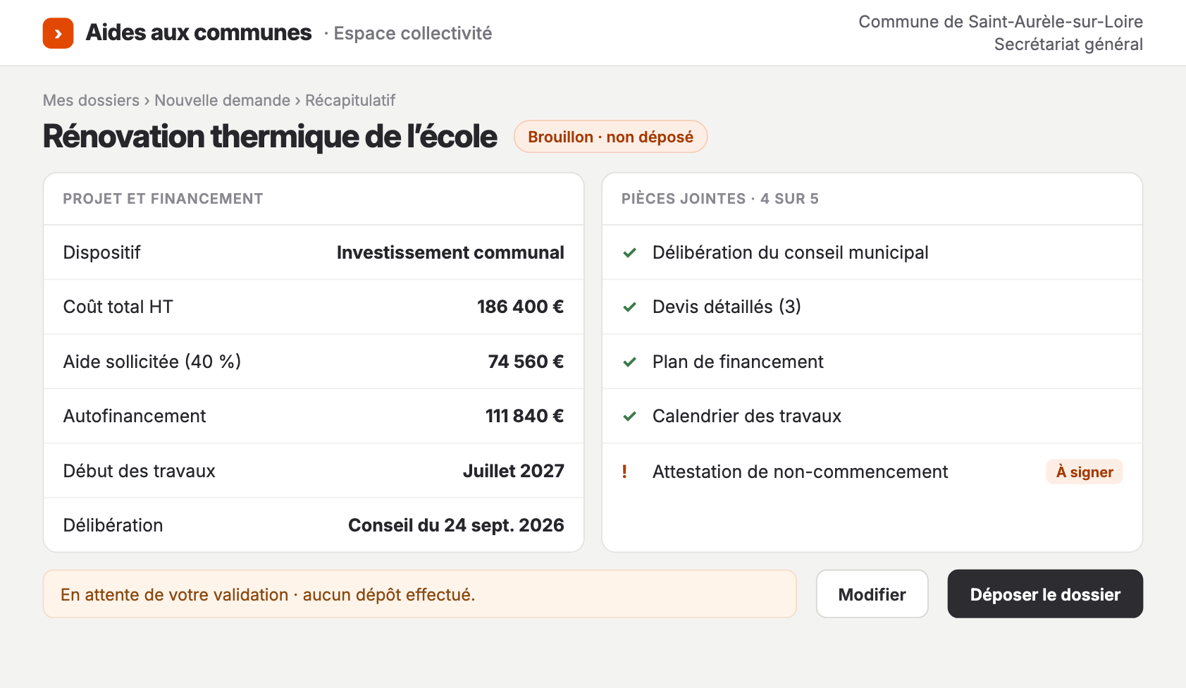 Dossier de subvention préparé dans le portail, non déposé