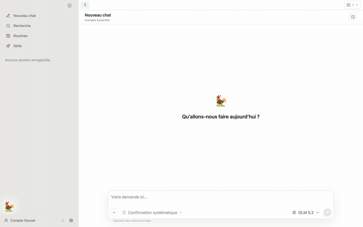 Animation : ouverture du panneau projet, clic sur l'onglet Fichiers, dépliage du dossier docs puis aperçu du fichier notes.md.